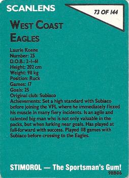 1988 Scanlens VFL #73 Laurie Keene Back